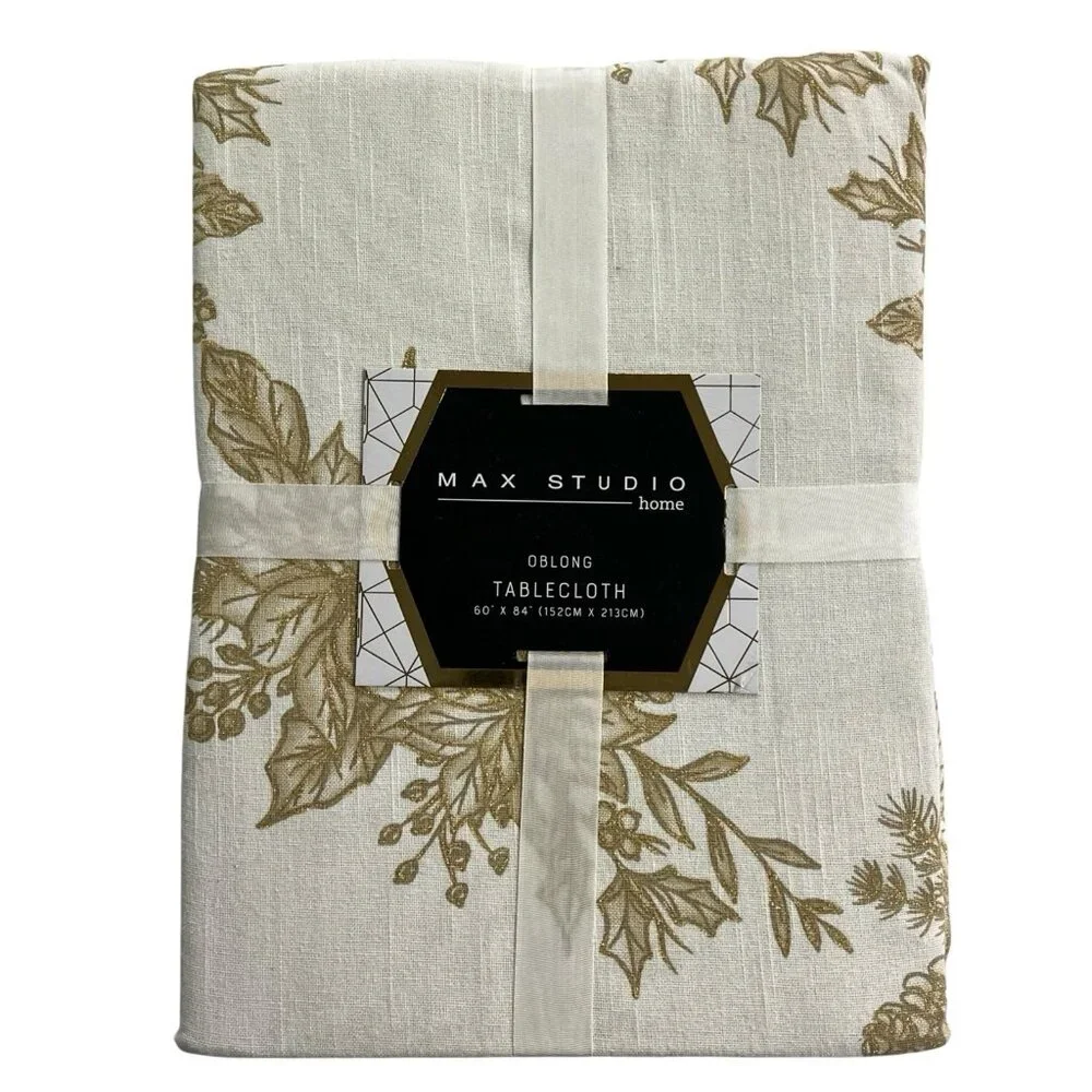 Max Studio Tablecloth Ivory Metallic Gold Holly Berry Leaves Oblong 60x8 Holiday